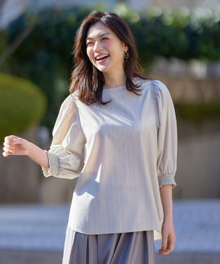 ANY 【UVカット/抗菌防臭/速乾/手洗い可】エニィファンクション ボリュームスリーブシャツ ベージュストライプ