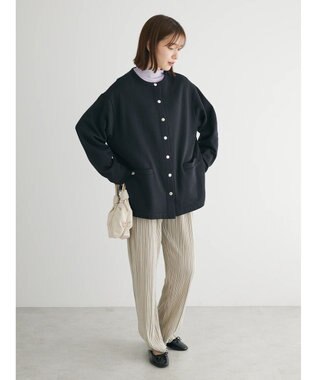 Green Parks 裏起毛ミディ丈ドットボタンカーディガン Black