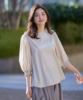 ANY 【UVカット/抗菌防臭/速乾/手洗い可】エニィファンクション ボリュームスリーブシャツ ベージュストライプ