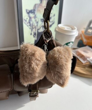 WEGO レオパードPUリボンファーキーホルダー ブラウン