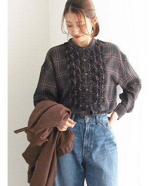 Te chichi チェックフリルブラウス ネイビー