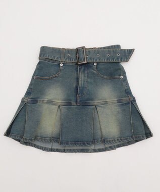 WEGO ベルト付デニムプリーツスカパン デニム中濃加工色