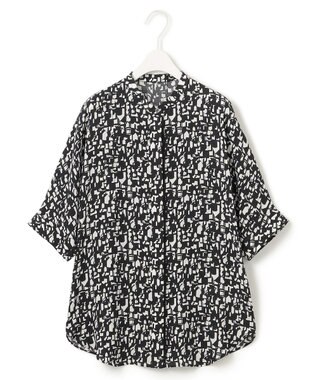 ICB L 【新色追加・接触冷感・UVケア・速乾・洗える】BackSatinAmunzen 5分袖バンドカラーブラウス ブラック×オフホワイト柄系