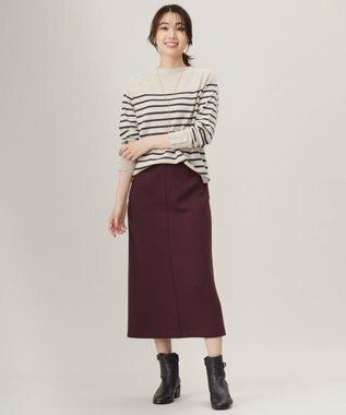 J.PRESS LADIES S 【洗える】SOFT TOUCH WOOL 立ち襟 ボーダー ニット ベージュ×スレート系