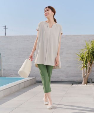 Tiaclasse 【洗える】フレンチスリーブキーネックシャツチュニックブラウス アイボリー