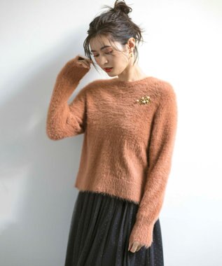 組曲 L 【前後着用可】2WAYナイロンファー ニット オレンジ系