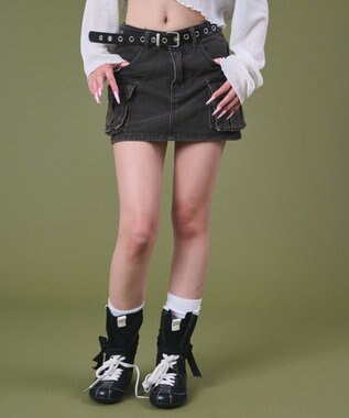 WEGO ハトメベルトカーゴデニムスカパン ブラック