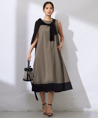 ICB L 【洗える】RENUソフトタイプライター ノースリーブワンピース カーキ×ブラック系