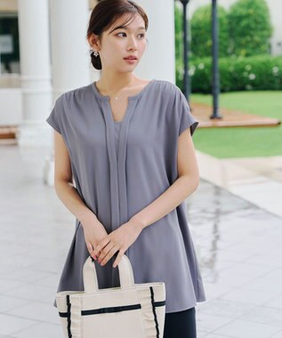 Tiaclasse 【洗える】フレンチスリーブキーネックシャツチュニックブラウス ブルー