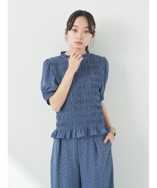 earth music&ecology 花柄パフスリシャーリングブラウス Navy