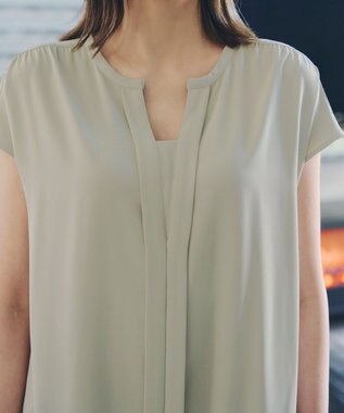 Tiaclasse 【洗える】フレンチスリーブキーネックシャツチュニックブラウス ミント