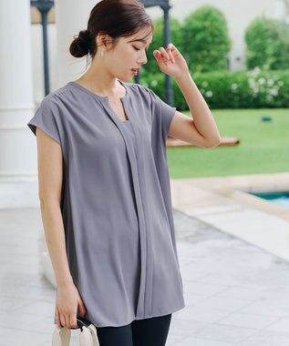 Tiaclasse 【洗える】フレンチスリーブキーネックシャツチュニックブラウス ブルー