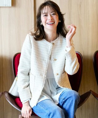 ANY SIS L ノーカラーフリンジツイード ジャケット ライトベージュミックス