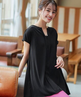 Tiaclasse 【洗える】フレンチスリーブキーネックシャツチュニックブラウス ブラック