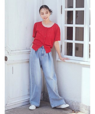 earth music&ecology リボン柄透かし編みニットカーディガン Red