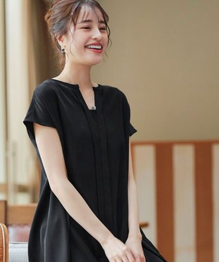 Tiaclasse 【洗える】フレンチスリーブキーネックシャツチュニックブラウス ブラック