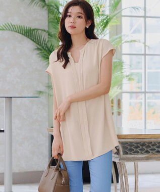 Tiaclasse 【洗える】フレンチスリーブキーネックシャツチュニックブラウス アイボリー