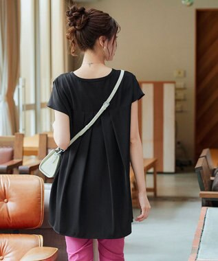 Tiaclasse 【洗える】フレンチスリーブキーネックシャツチュニックブラウス ブラック