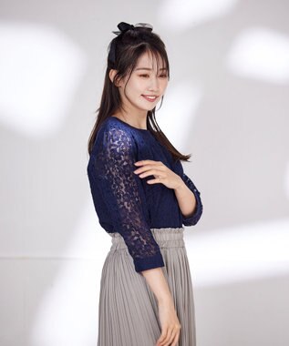 Tiaclasse L 【洗える】ギャザーネックレースブラウス ネイビー