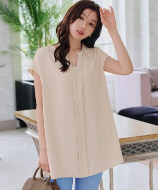 Tiaclasse 【洗える】フレンチスリーブキーネックシャツチュニックブラウス アイボリー