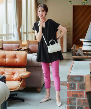 Tiaclasse 【洗える】フレンチスリーブキーネックシャツチュニックブラウス ブラック