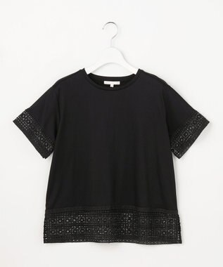 自由区 ナチュラルコットンハイゲージレースドッキング Tシャツ ブラック