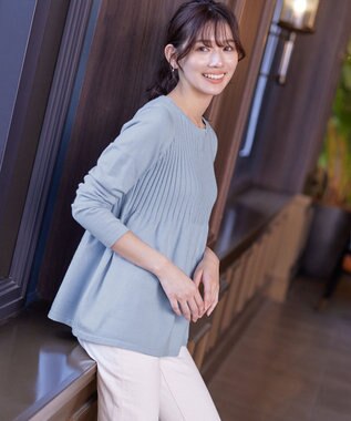 Tiaclasse 【洗える】リブ切り替えフレアニットトップス サックス