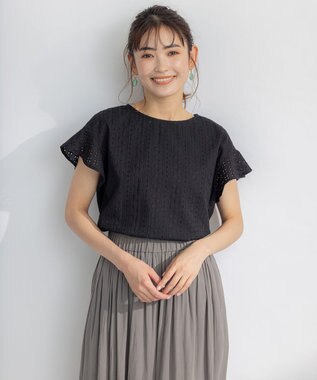 組曲 エンブロイダリーレースフレンチスリーブ ブラウス ブラック系