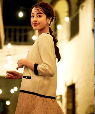 Tiaclasse 【洗える】配色使い総針袖リボンカーデ オフ×ブラック