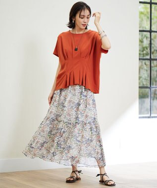 自由区 【セットアップ対応・洗える】ボタニカルフラワープリントティアード スカート エクリュ系