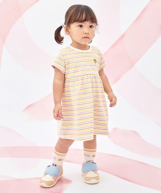 MIKI HOUSE HOT BISCUITS 【80-120cm】みじんボーダー ワンポイント刺繍 半袖ワンピース ラベンダー