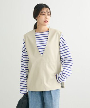 Green Parks フェイクレザーＶネックベスト Ecru