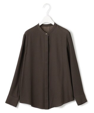 ICB 【接触冷感・UVケア・速乾・洗える】BackSatinAmunzen バンドカラーブラウス コーヒーベース柄系