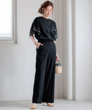 23区 【洗える】スカーフプリントコンビ スリーブデザイン カットソー ブラックxベージュ