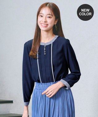 Tiaclasse L 【洗える】ピンタック配色ブラウス ネイビー×サックスグレー