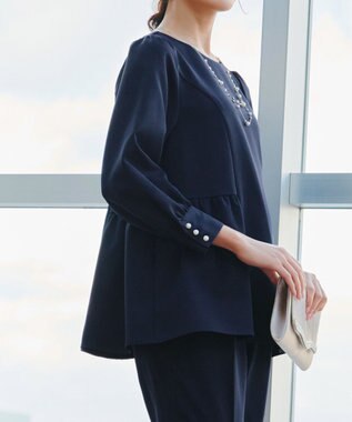 Tiaclasse 【ダブルクロス】パフスリーブペプラムチュニックブラウス ネイビー