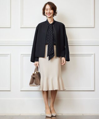 自由区 【洗える】カットジャカード ボウタイブラウス ネイビー系