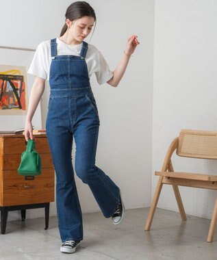 WEGO ハイウエストストレッチフレアデニムサロペット デニム中濃色