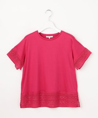 自由区 ナチュラルコットンハイゲージレースドッキング Tシャツ マゼンタ