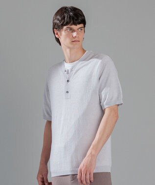 JOSEPH HOMME リネンナイロンプレーン　半袖ヘンリーネックニット ライトグレー系
