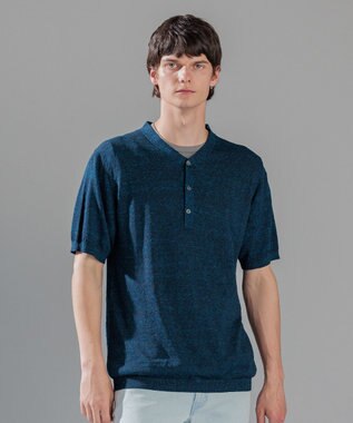 リネンナイロンプレーン　半袖ヘンリーネックニット