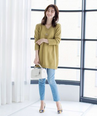 Tiaclasse 【洗える】Vネックリブニットチュニック ライム