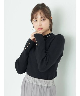 earth music&ecology ゴールド釦スリーブリブプルオーバー Black