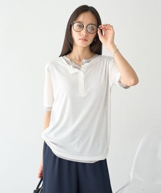 earth music&ecology シアーレイヤード風5分袖プルオーバー Off White
