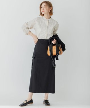 23区 【洗える】CANCLINI バンドカラー シャツ アイボリー×ブラックストライプ