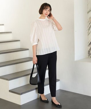 UNFILO ストライプレース 2WAY パフスリーブブラウス オフ