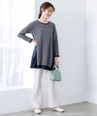 Tiaclasse 【洗える】ツイード2段フレアチュニックブラウス ネイビー