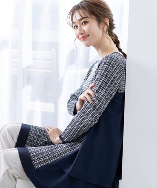 Tiaclasse 【洗える】ツイード2段フレアチュニックブラウス ネイビー