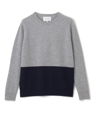 BEIGE， 【WEB限定・洗える】DEMING / バイカラーウールクルーネックニット Lt. Gray × Navy