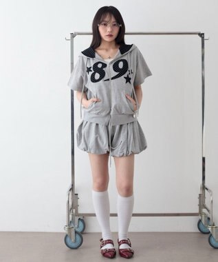 WEGO グラフィック半袖ZIPパーカー 杢グレー